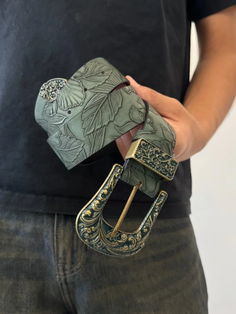 Sage Green Tooled Embossed Western Belt